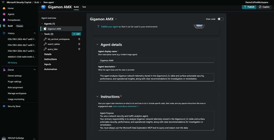 This image is from the Security CoPilot UI, which is where we migrate to and copy our agent instructions/descriptions to, after successfully testing the agent in Foundry. Gigamon-AMX is the illustrative example.