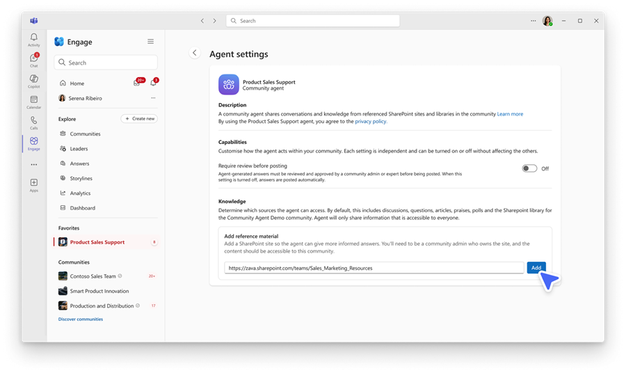 Screenshot of Viva Engage agent settings