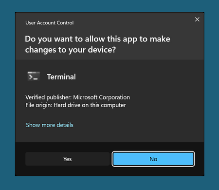 Screenshot of a User Account Control dialog box asking permission for the Terminal app to make changes to the device.