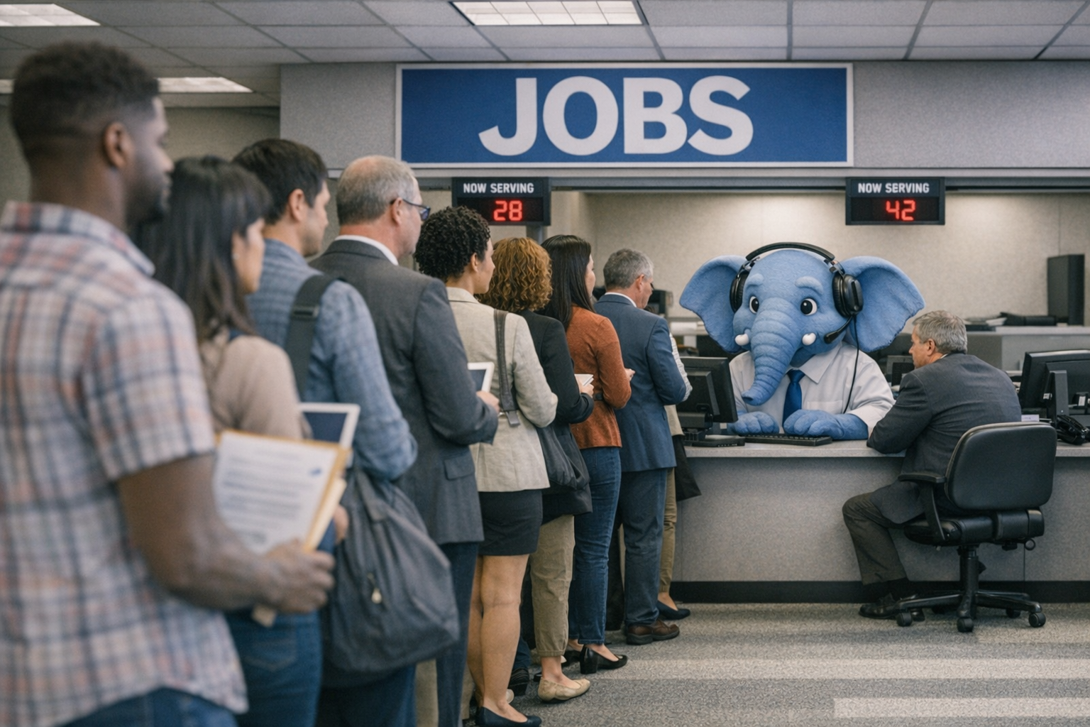 Slonik the PostgreSQL elephant trying to manage a queue of people lining up for jobs