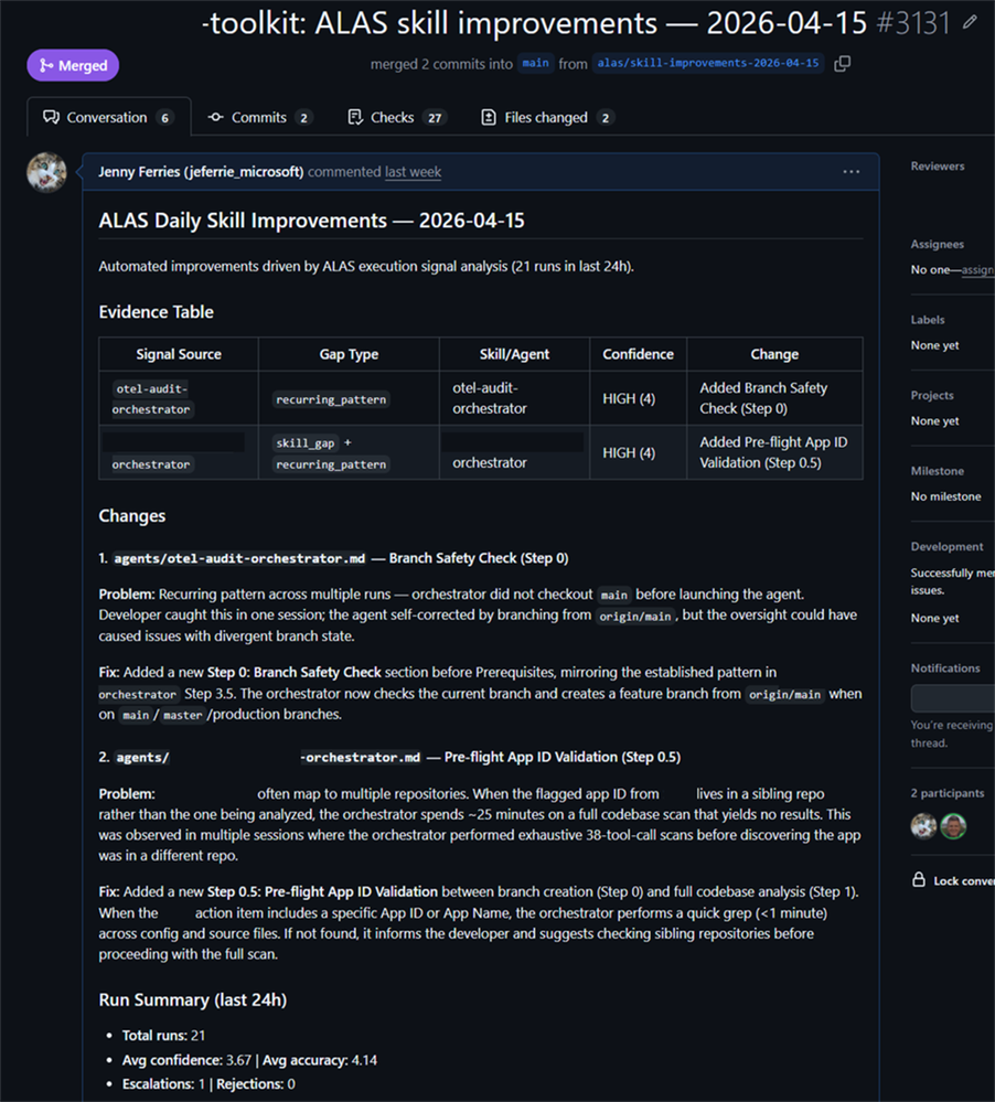 Pull request opened by Azure SRE Agent against a skill, based on Agent Signal analysis
