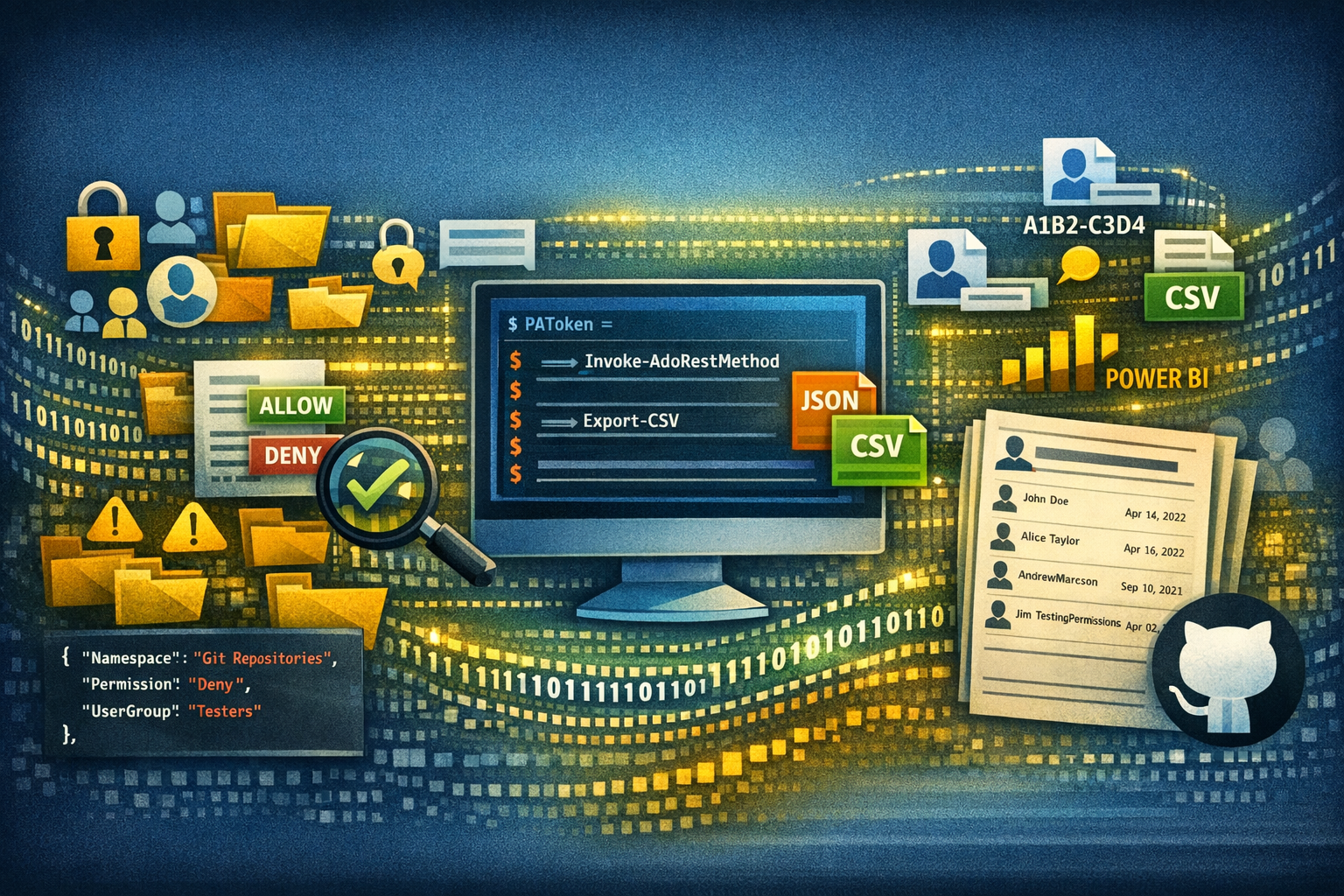 Azure DevOps permissions auditing visualization with PowerShell script, security icons, user access, and JSON/CSV output flowing into Power BI.