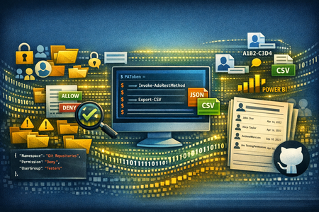 Azure DevOps permissions auditing visualization with PowerShell script, security icons, user access, and JSON/CSV output flowing into Power BI.