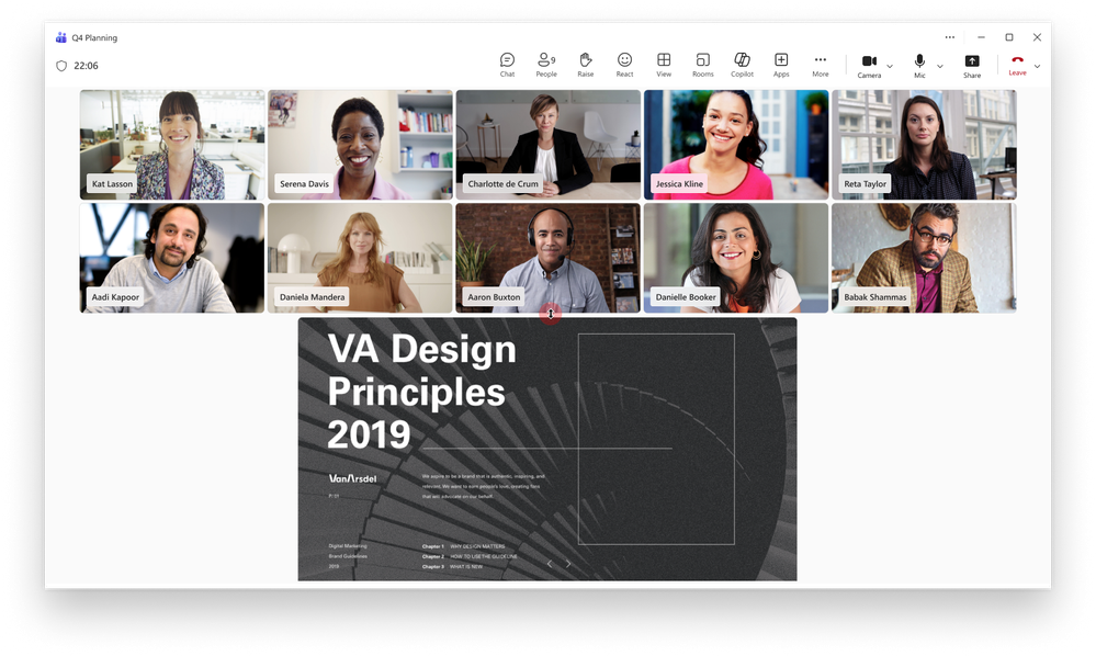 The Teams meeting window, showing the video gallery of attendees at the top and a shared presentation below.