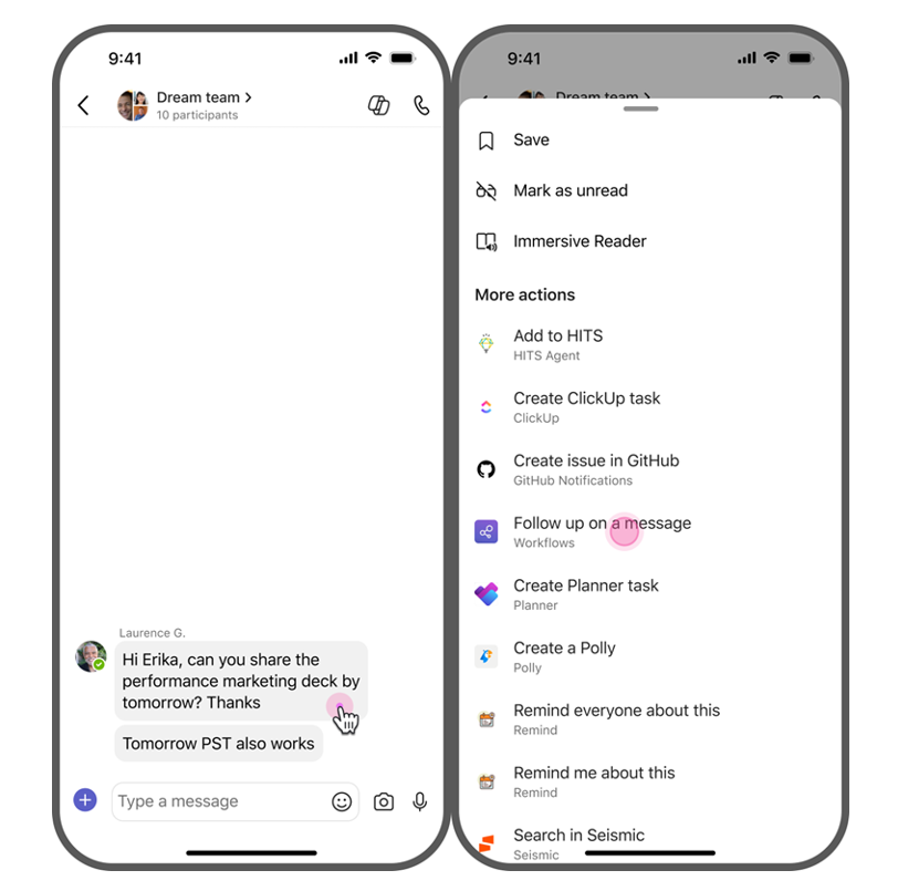 Example of Trigger workflows from messages on a mobile device. Two screens, one shows the message, the other shows the follow up workflow in a list of options.