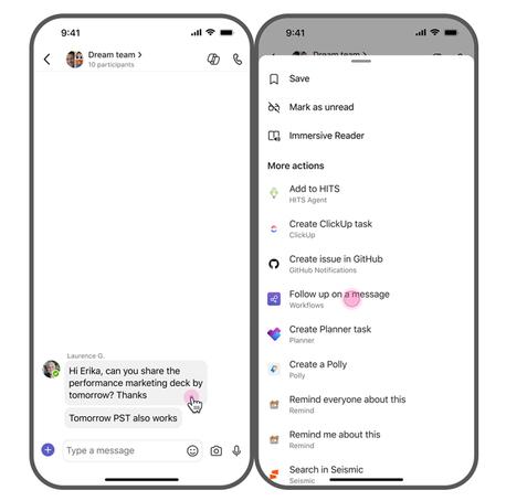 Example of Trigger workflows from messages on a mobile device. Two screens, one shows the message, the other shows the follow up workflow in a list of options.