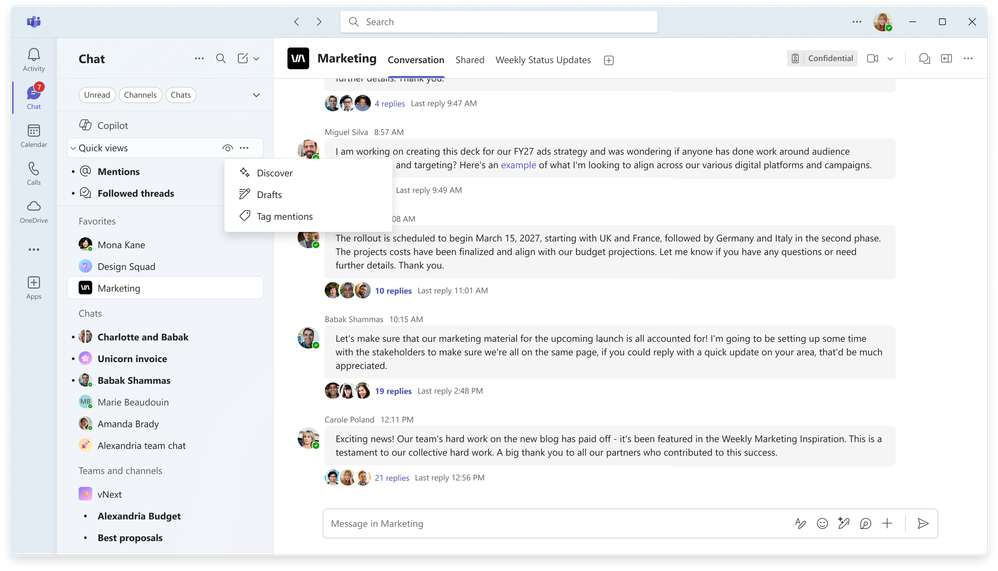 Quick view options within the Teams chat list showing Discover, Drafts, and Tag mentions