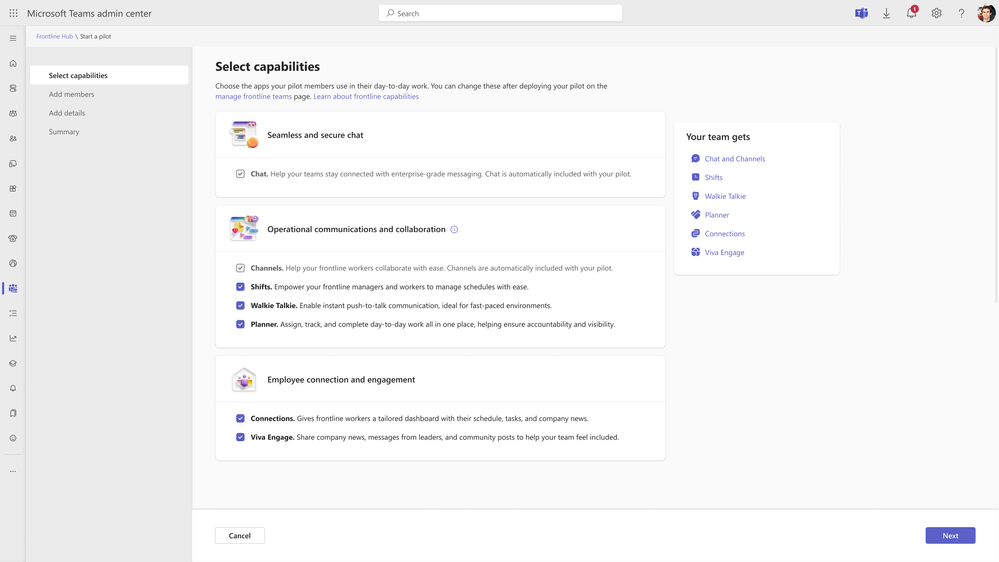 The Teams Admin center, showing how to enable capabilities and apps for pilot programs for Frontline workers