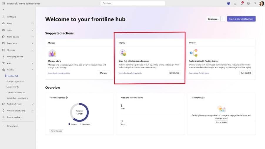 The Frontline hub page in the Teams admin center, highlighting the “Deploy” option where you can manage setup for your team.