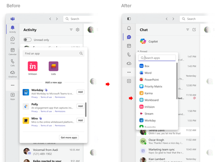 Side‑by‑side comparison of the Teams app bar before and after simplification, highlighting a cleaner, more streamlined way to access apps.