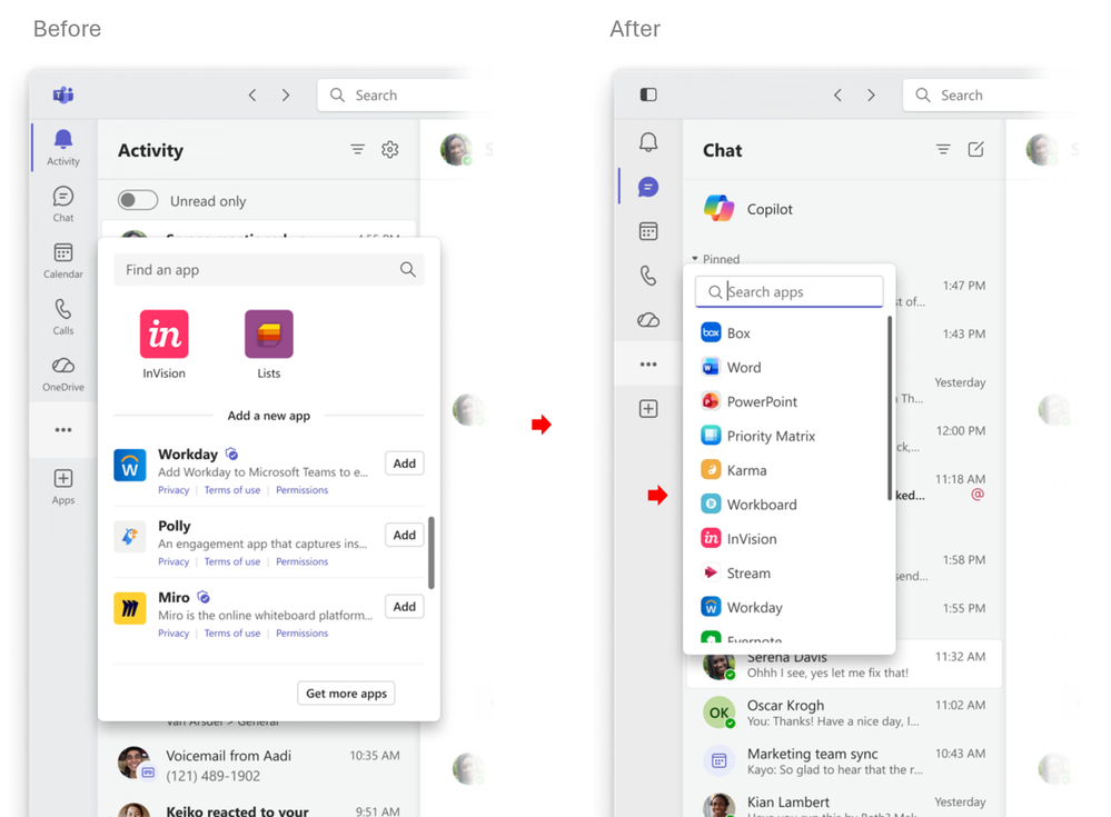 Side‑by‑side comparison of the Teams app bar before and after simplification, highlighting a cleaner, more streamlined way to access apps.