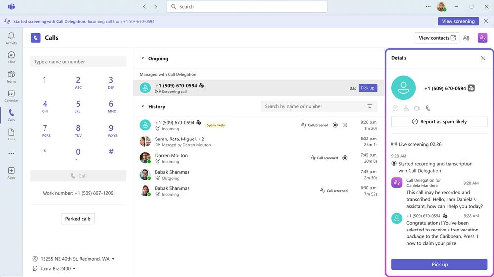 The Teams Calls screen, showing that screening has been started with Call Delegation, and showing a popup with a text transcript of the agent delegate and caller.