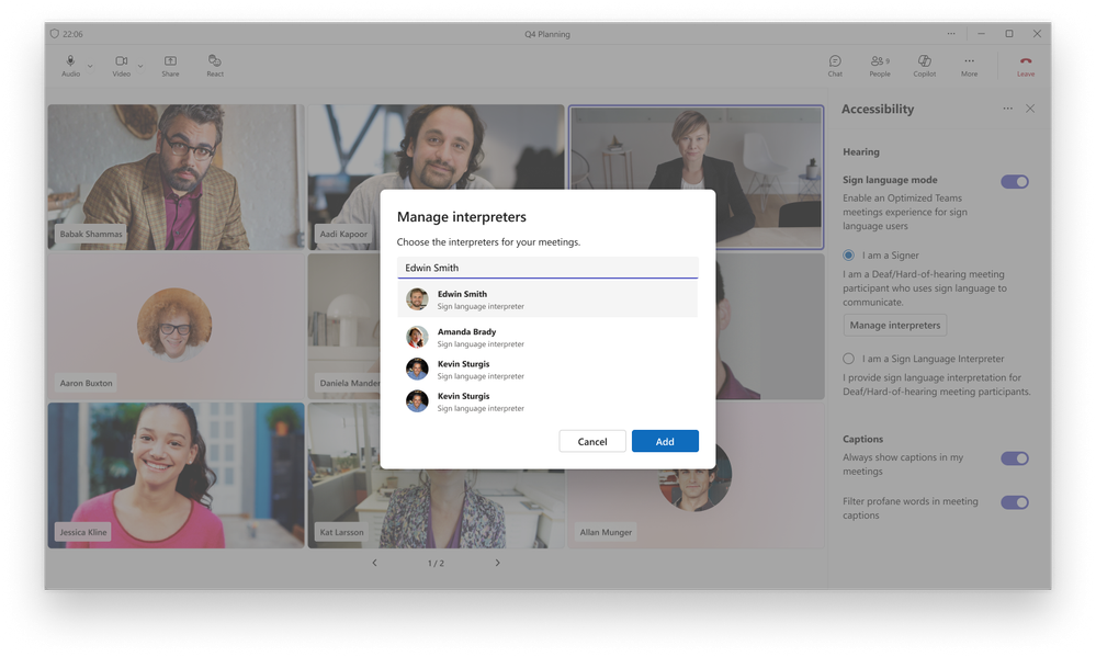 The ‘Manage interpreters’ popup in a Teams meeting, showing the ability to select interpreter names, so that the original participant can be correctly attributed in transcripts.