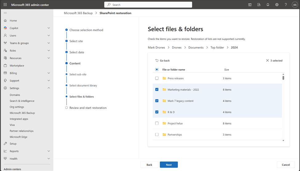 Select files & folders to restore in the Microsoft 365 admin center