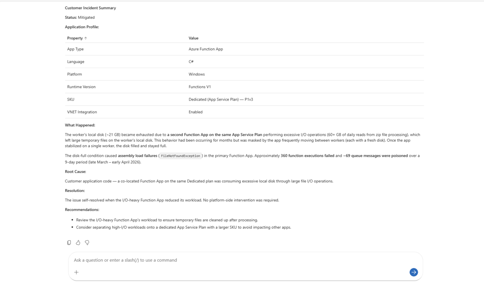 Exemplo da interface de chat do Azure SRE Agent