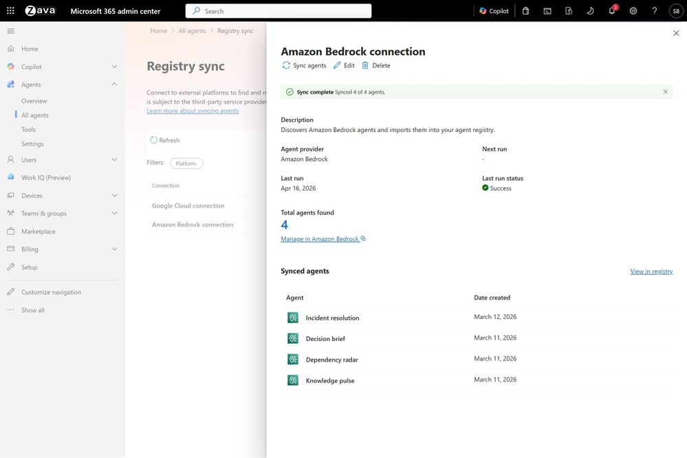 An image showing the registry sync detail view for the Amazon Bedrock connection showing options to sync, edit, and delete the connection, connection details, and a list of synced agents.