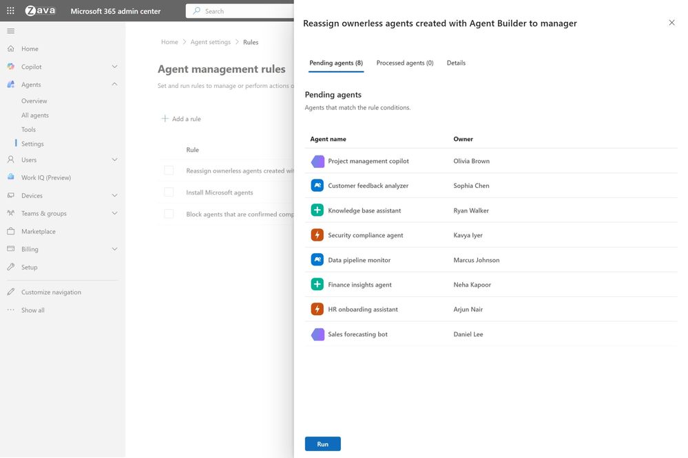 an image displaying agent management rules in Agent 365 settings displaying the standard rule for reassigning ownerless agents.