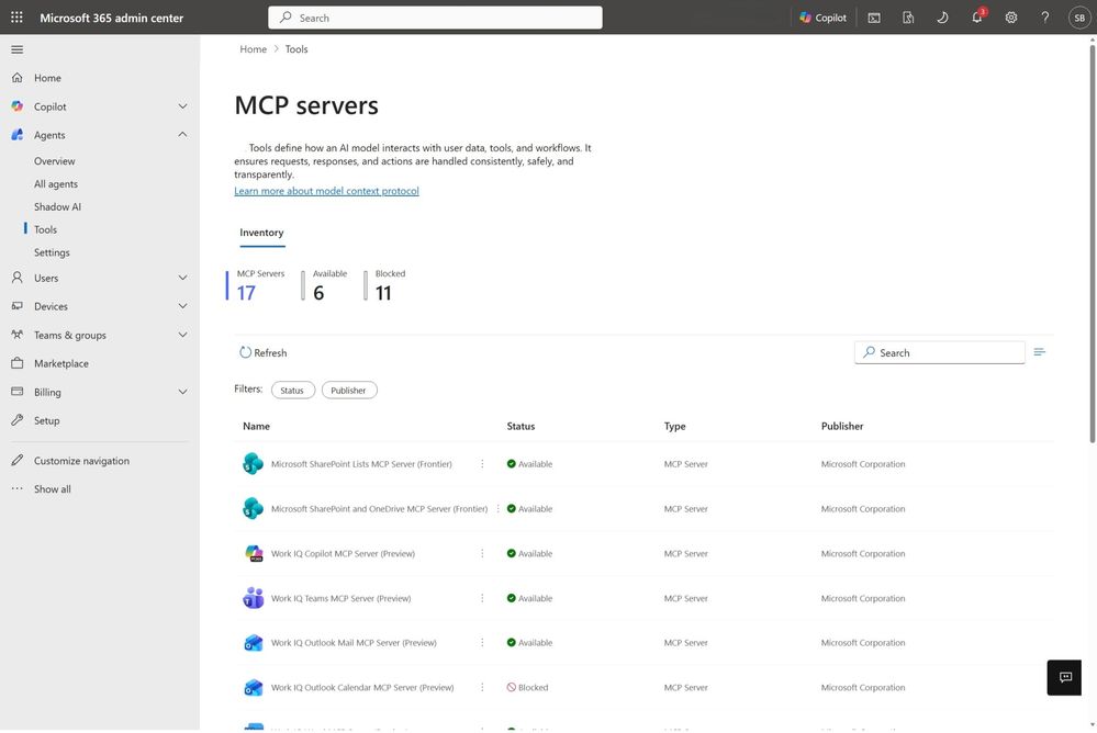 An image displaying the Tools management pane in Agent 365 displaying a list view of MCP servers