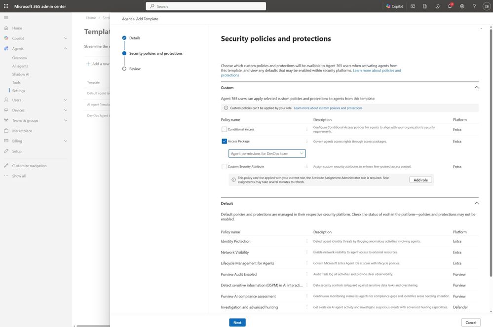 an image displaying ID Governance access package policy being applied to a policy template in Agent 365