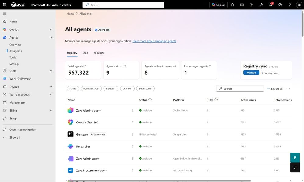 an image displaying the Agent 365 registry, showing a list view of agents, tile cards for agent counts, and filter/search navigation elements.