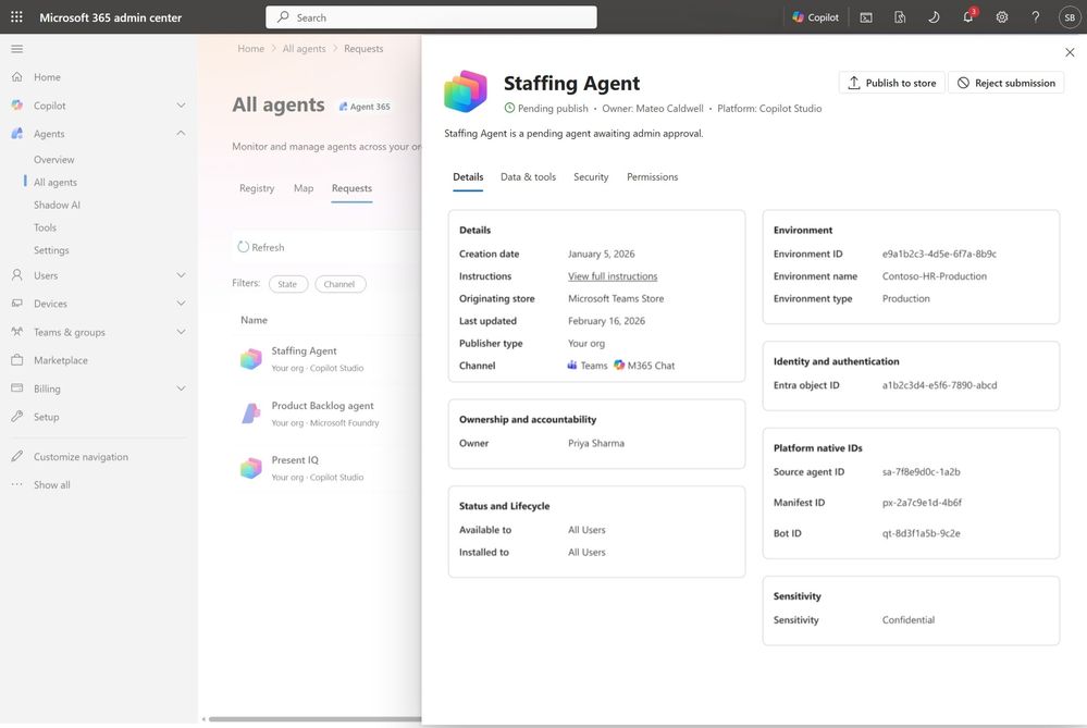 an image displaying requested agents showing the fictitious Staffing Agent selected with options to either public to store or reject submission