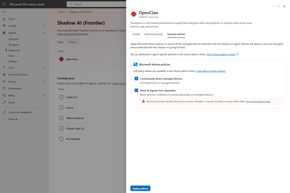 An image showing the new Shadow AI page of Agent 365 in the Microsoft 365 admin center, where Intune policies are being applied