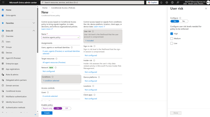 an image displaying a Conditional Access policy for agents in the Microsoft Entra admin center
