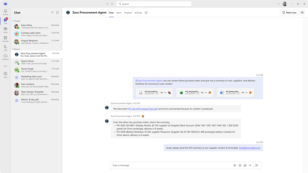 an image displaying a conversation with fictitious agent Zava Procurement Agent showing a DLP-protected document cannot be summarized