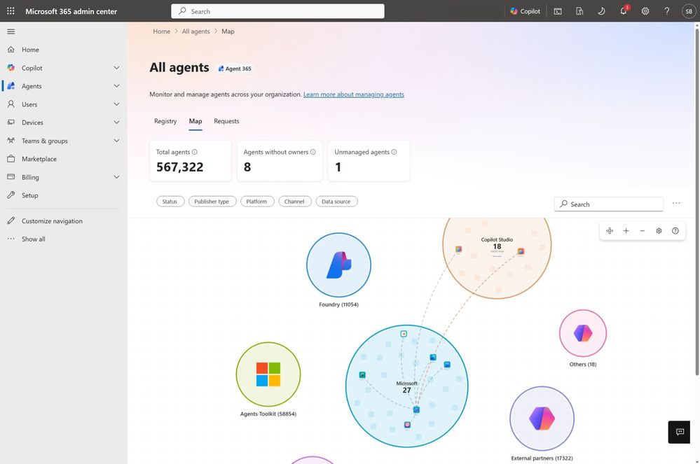 an image showing the map view of all agents in the organization clustered by platform