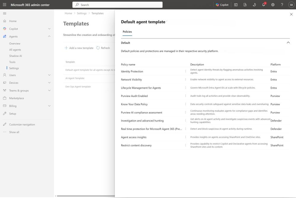 an image displaying policy templates in Agent 365 settings showing a specific policy template detail view including policies from Microsoft Entra, Purview, Defender, and SharePoint