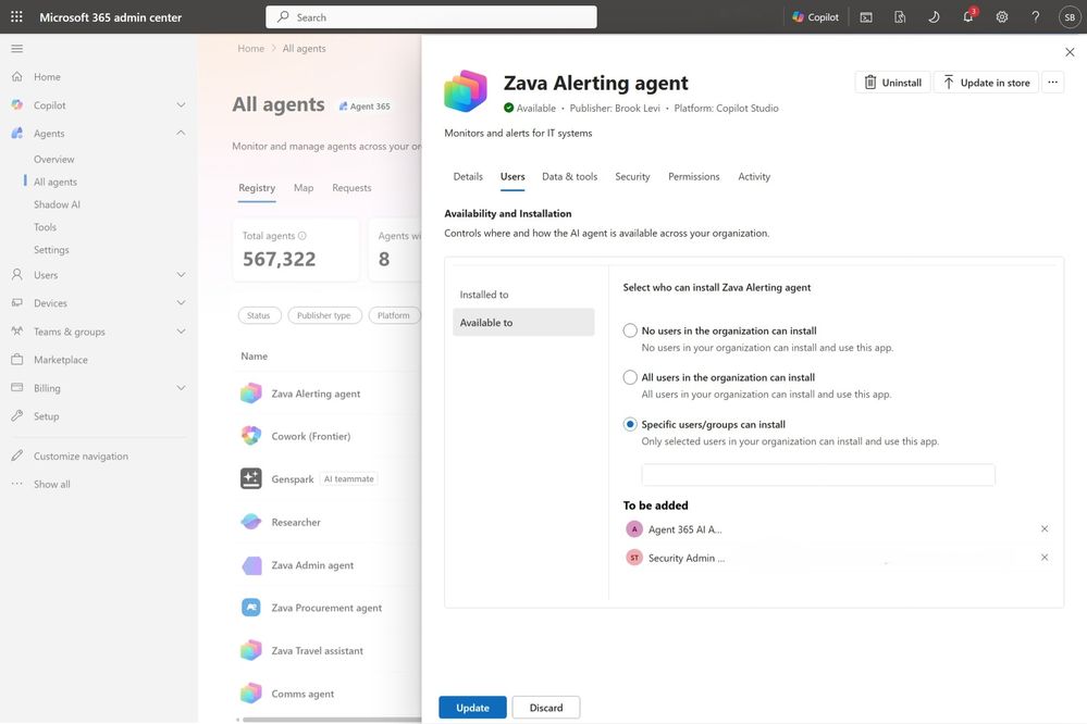an image displaying the Zava Alerting agent selected in the registry showing installation and availability controls, making it available to only the Agent 365 AI admin and Security Admin user groups