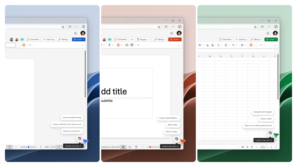 Schermate che mostrano l'icona della chat di Copilot nell'angolo in basso a destra di Word, Excel e PowerPoint.