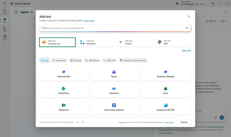 Screenshot of the “Add tool” popup in a Copilot Studio agent, showing a button for “Add new computer use” at the top left