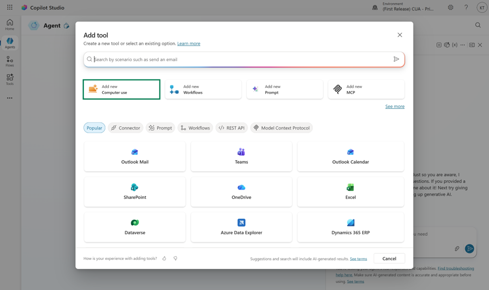 Screenshot of the “Add tool” popup in a Copilot Studio agent, showing a button for “Add new computer use” at the top left