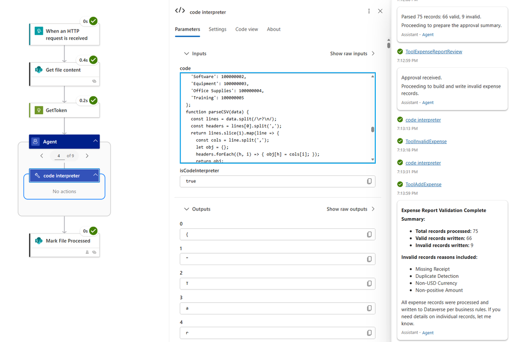Execução detalhada no histórico de runs do Logic Apps