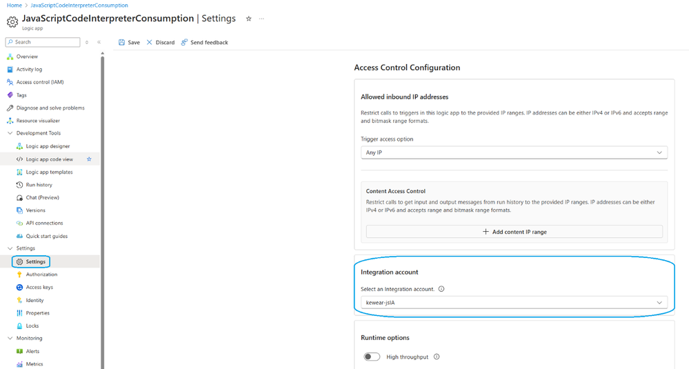 Associação do Integration Account nas configurações