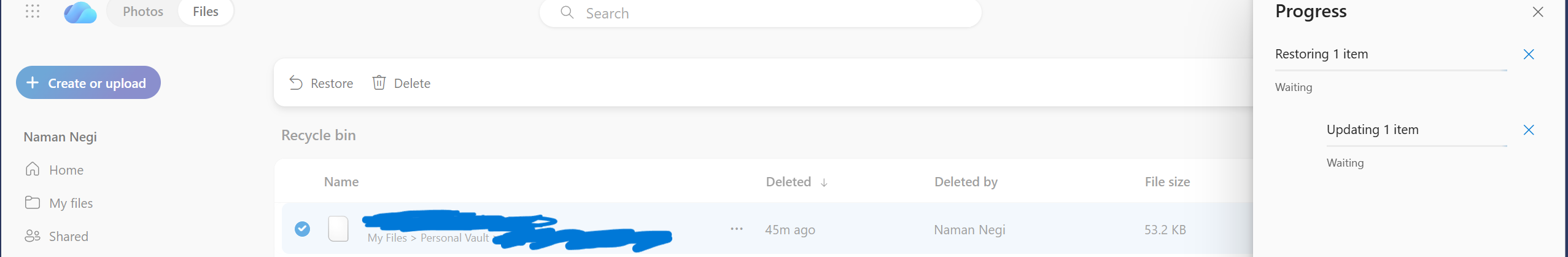 Unable to restore one drive personal vault file | Microsoft Community Hub