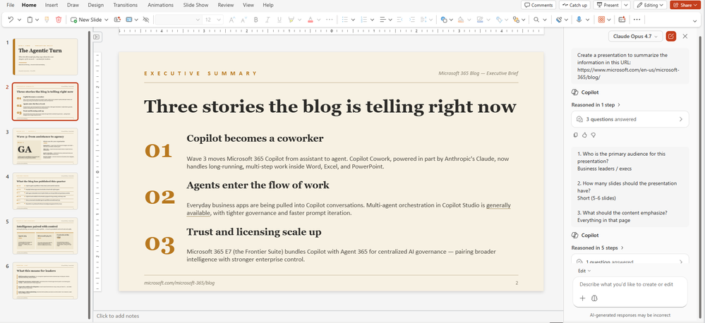 Copilot in PowerPoint created a presentation using a public webpage as a reference.