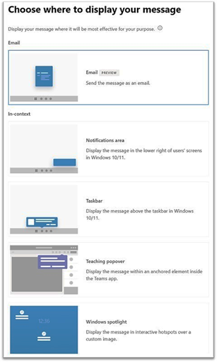 The Microsoft 365 admin center list of five locations to display a message within an organization.