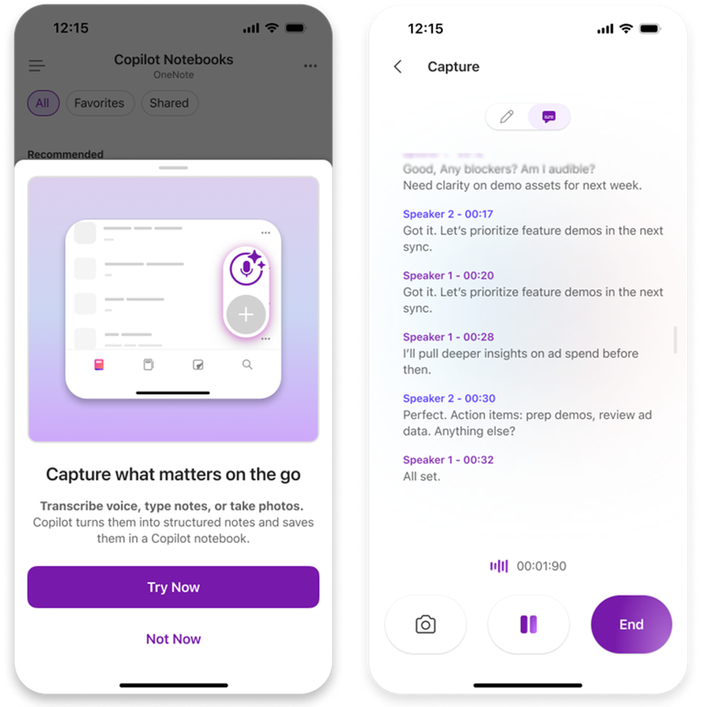 Mobile screenshots showing the multimodal capture explanation popup, and a live transcription of speakers as the feature is capturing the conversation.
