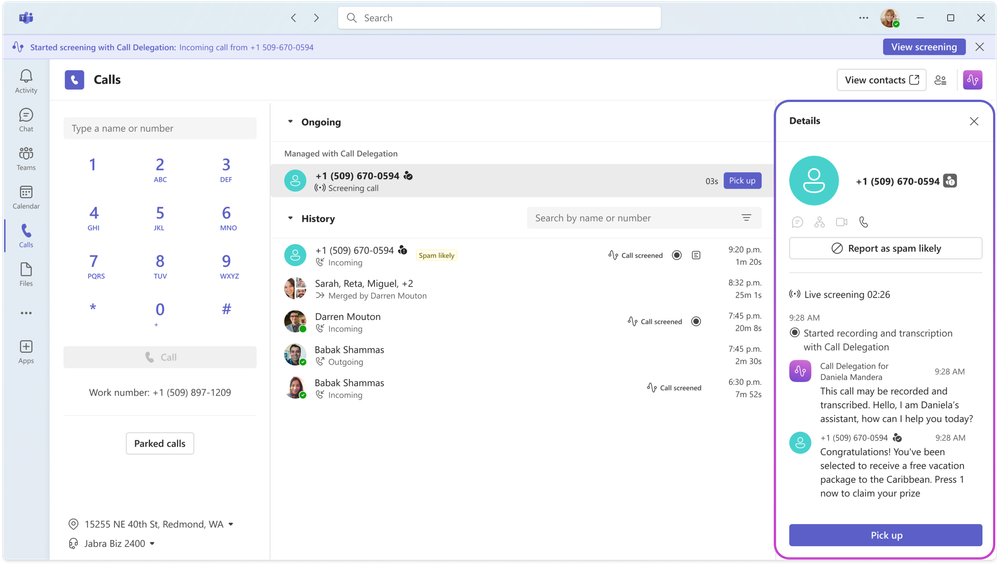 The Microsoft Teams app on the Calls tab showing a live screening of a call.