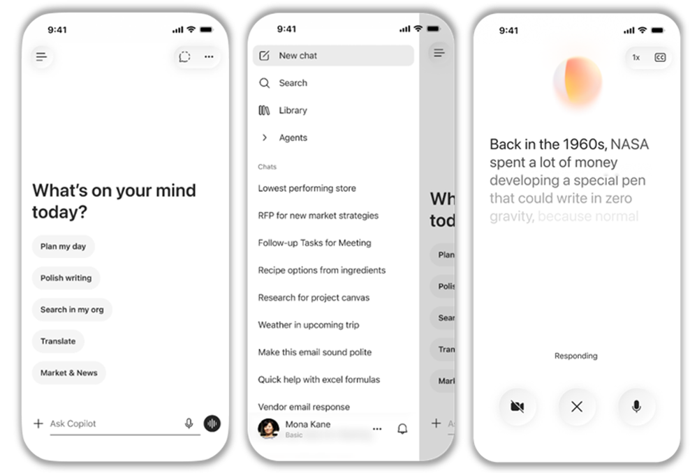A series of three mobile device screenshots showing the Microsoft 365 Copilot mobile app homepage, navigation, and a voice interaction.