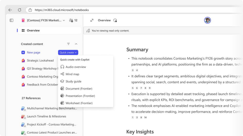 Shows the “Quick create” button in Notebooks with a dropdown menu to create an audio overview, mind map, study guide, document, presentation, or worksheet.