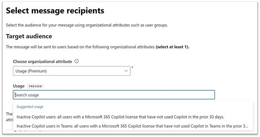 The Microsoft 365 admin center option to select message recipients including user groups.