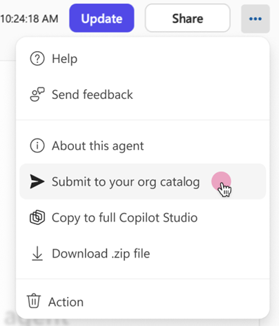 Agent Builder menu showing the Submit to your org catalog option for requesting administrator review and approval