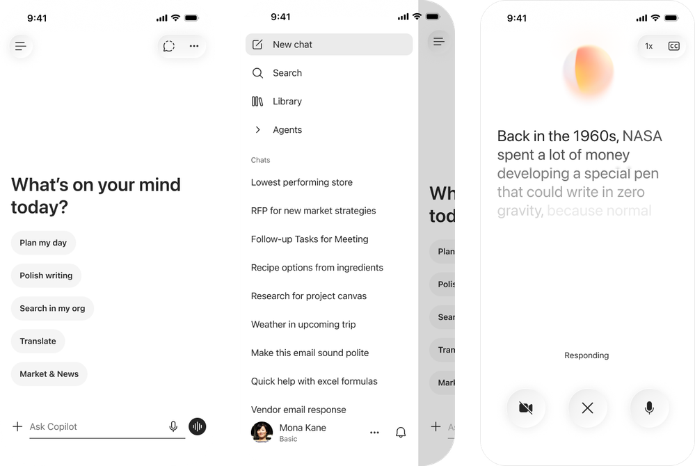 A series of three mobile device screenshots showing the Microsoft 365 Copilot mobile app homepage, navigation, and a voice interaction.