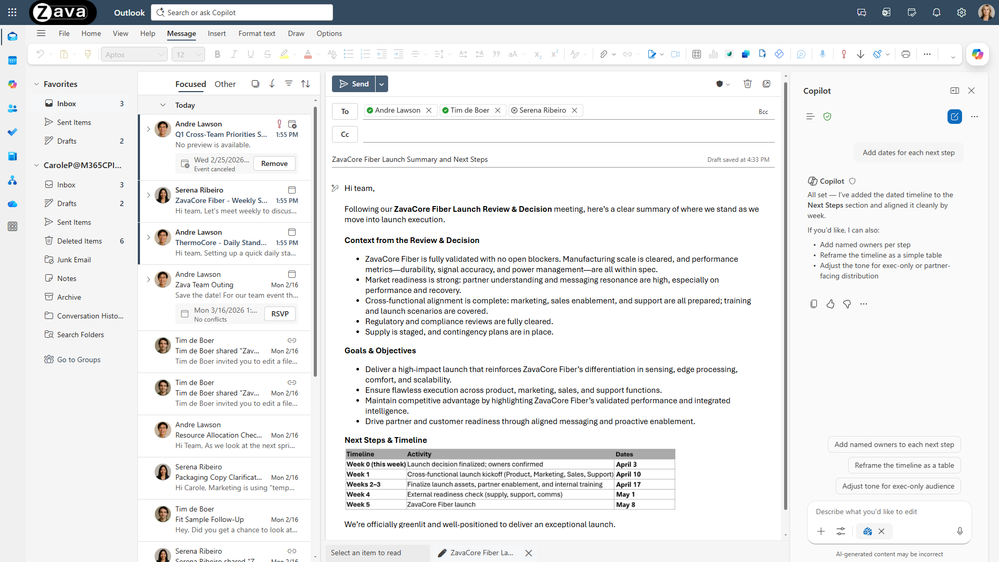 An Outlook app open showing the Copilot side pane with a prompt that says Add dates for each next step.