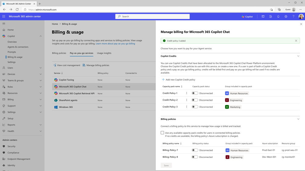The Microsoft 365 admin center Billing & usage page showing pay as you go services with Microsoft 365 Copilot Chat selected. The panel on the right shows billing settings that allow Copilot usage to draw exclusively from prepaid capacity pack credits, with multiple credit policies listed by department.