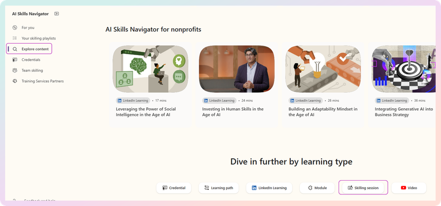 Explore content, and filter by learning type.
