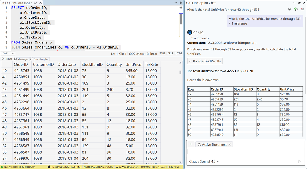 Screenshot of GitHub Copilot in SSMS chat window with a prompt asking for the total UnitPrice for rows 42 through 53